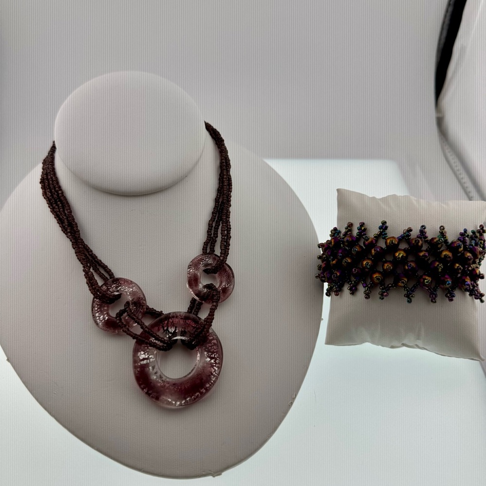 Elegant Brown and Purple Seed Bead Necklace Set with Glass Accents